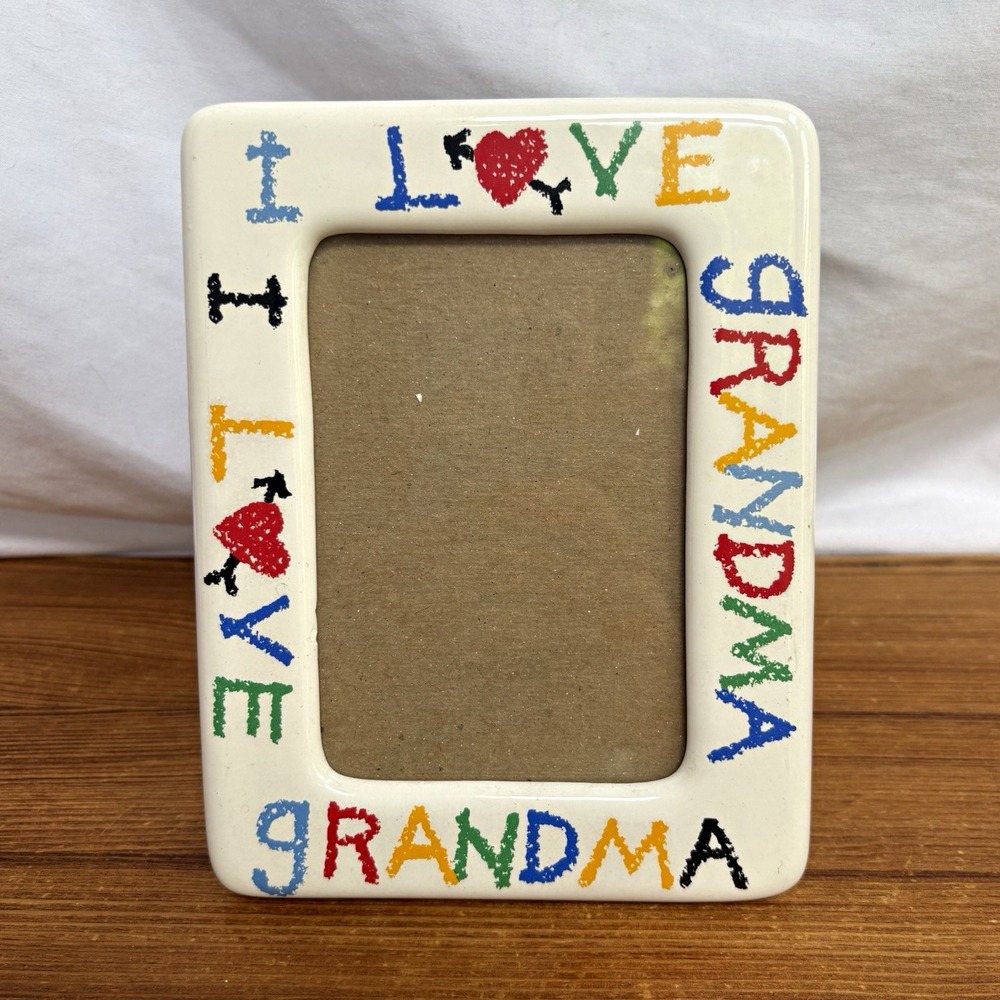 1988 Ceramic I Love Grandma Photo Frame 3.5x5 Crayon Drawing Style Colorful